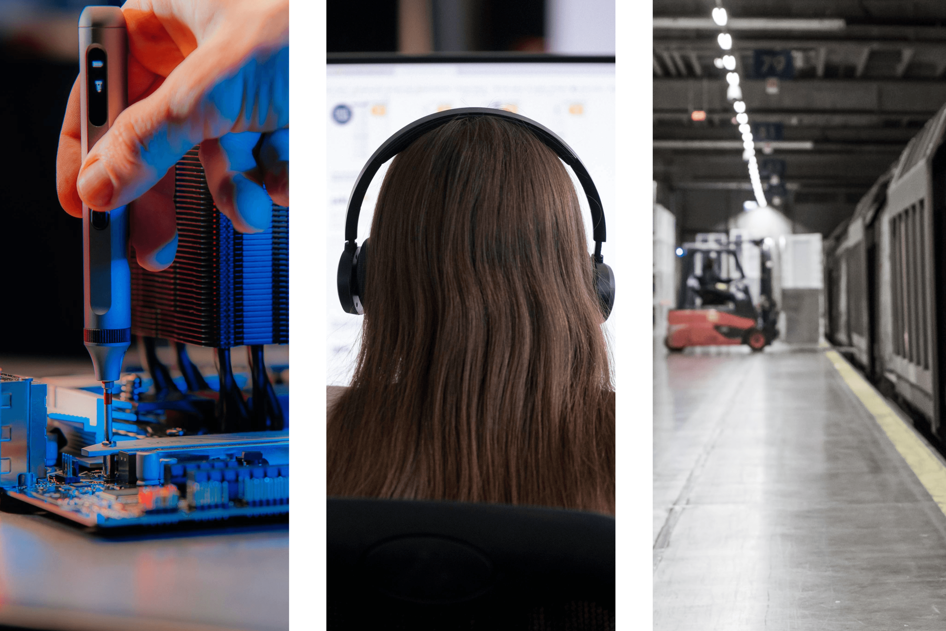 A triptych showing a hand assembling a computer, a person wearing headphones at a screen, and a train station platform with a forklift.
